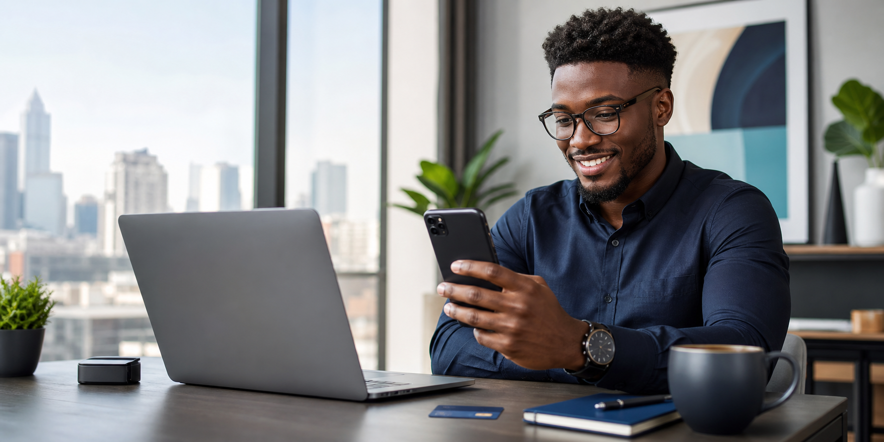 A professional reviewing savings progress on a phone beside a laptop.